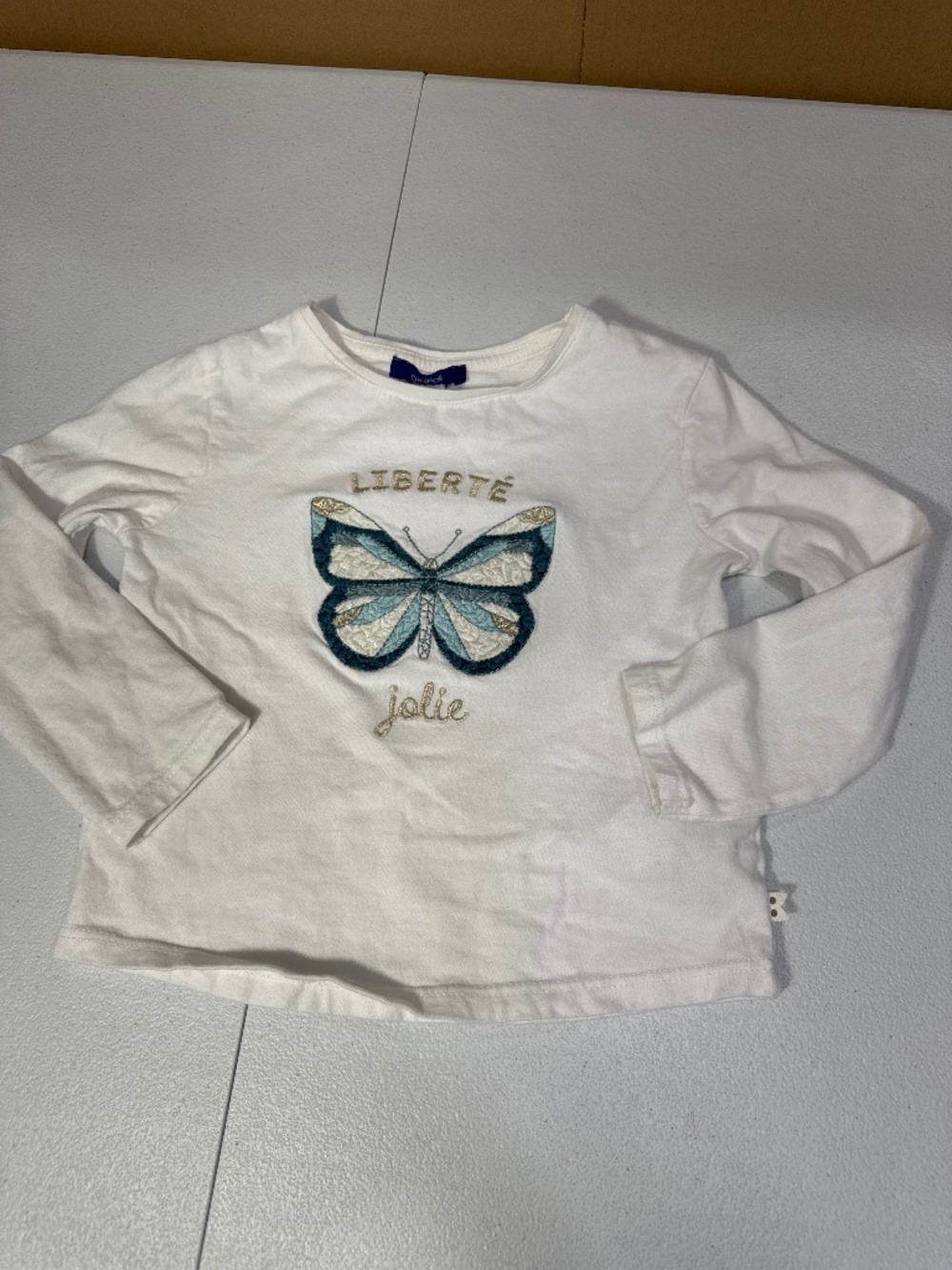 Okaidi Girls Butterfly Top Long Sleeve White Cotton Shirt Size 5 Liberte Jolie
